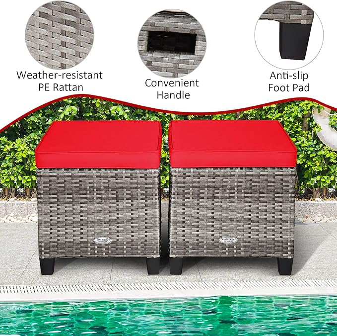 Tangkula 2 Pieces Patio Rattan Ottomans, Outdoor Wicker Footstool Footrest Seat with Soft Cushions and Steel Frame, All-Weather Patio Ottoman Set for Backyard Garden Poolside