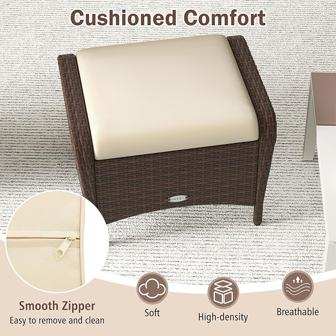 Tangkula 2 Pieces Outdoor Patio Wicker Ottomans with Removable Cushions, Outside Footrest for Additional Seating, Footrest and Side Table, for Porch, Garden and Backyard