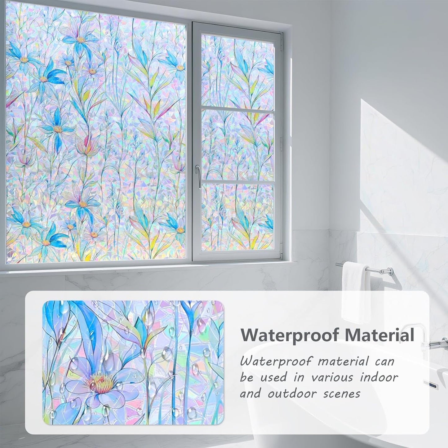 FINNEZ Window Privacy Film Stain Glass Film Flowers Rainbow Window Film Window Clings Non-Adhesive Reusable Decorative for Home（Blue Lotus，35.4 Inch x 13.1 Feet）