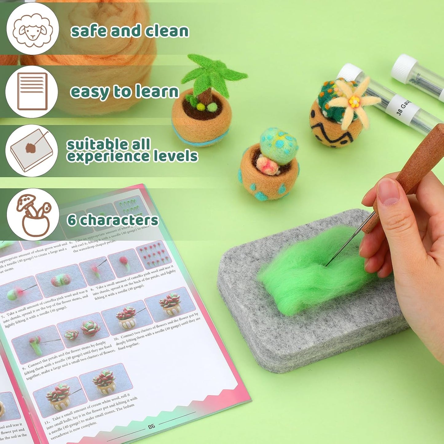 Yizzvb Needle Felting Kit, 6 Pcs Succulent Felting Kit for Beginner, Felting Kit, Needle Felting Tools Including Wool Roving, Foam Mat, Felting Needles and Instructions for DIY Felting Starters