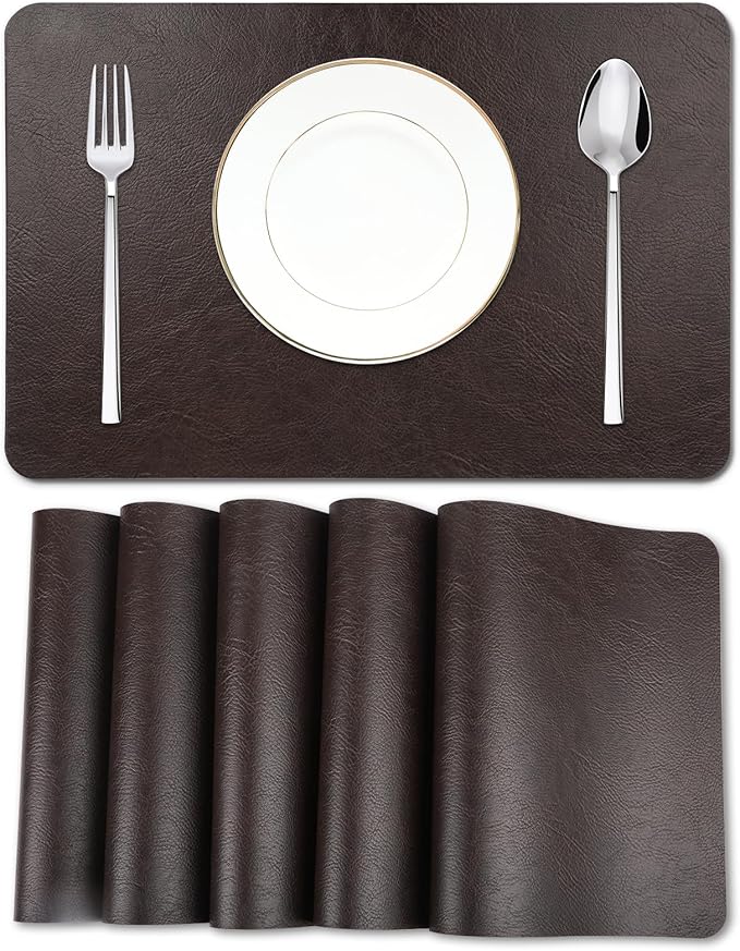 Cowhide Pattern Faux Leather Placemats Set of 6,Heat Resistant Non-Slip Waterproof Wipeable Washable Kitchen Dining PU Table Place Mats,Double-Sides Available,Black Brown