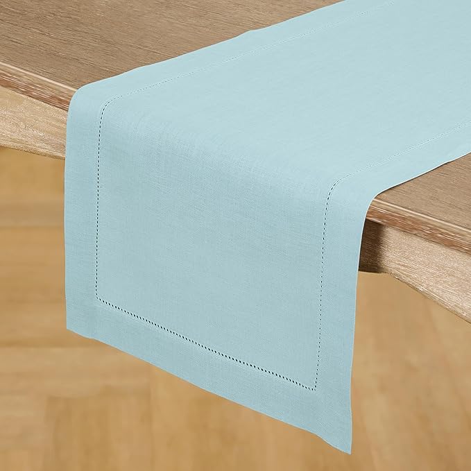 Solino Home Linen Aqua Blue Table Runner 48 Inches - Classic Hemstitch, 100% Pure Linen Coffee Table Runner 14 x 48 Inch Ideal for Dresser Tables - Winter, Spring, Easter