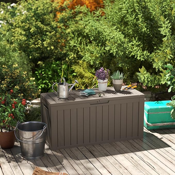 75 Gallon Deck Box, Resin Outdoor Indoor Waterproof Storage Box, Lockable Storage Box With Handle for Patio Furniture - Garden Tools - Swimming Pool Tools UV-Resistant, Grey