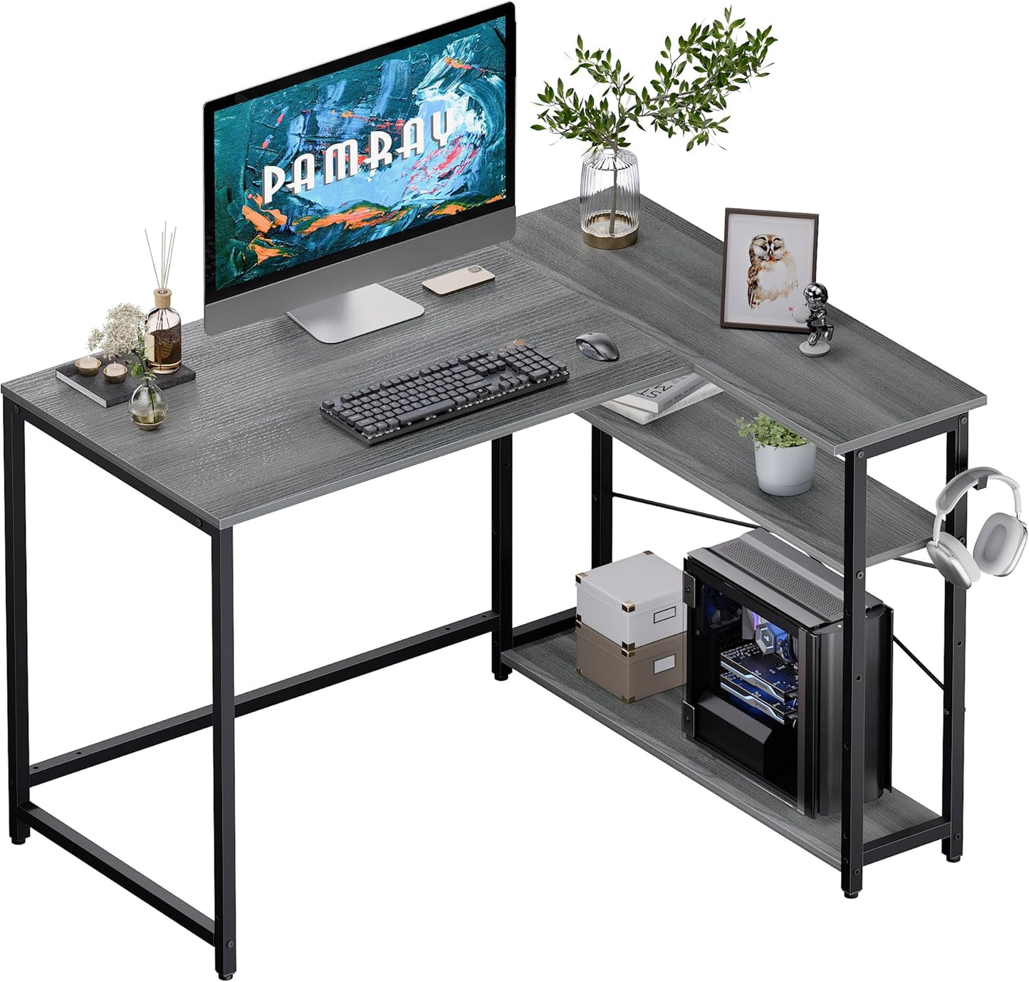 Pamray 43 Inch L Shaped Computer Desk with Reversible Side Storage Shelves, Small Corner Desk for Small Space Home Office,Writing Study Table PC Desk for Bedroom,Espresso Gray