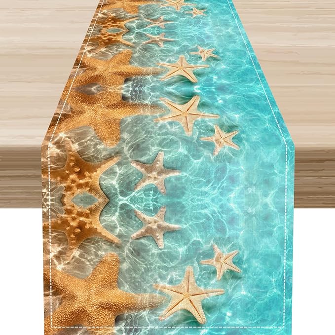 Summer Ocean Table Runner, Nautical Coastal Starfish Beach Seashell Ocean Seasonal Coffee Table Center Decor for Home Kitchen Dining Patio Holiday Party Table Decorations 13"x72"
