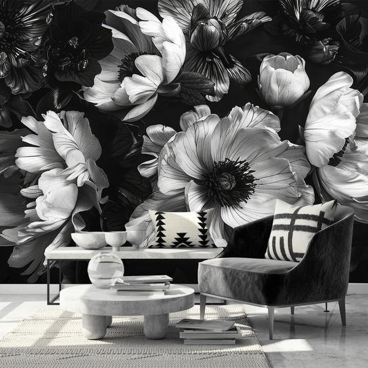 AFZEVEB-Black Peony Floral Wallpaper Vintage Large Flower Wall murals for Bedroom 182"x120"(Not Peel and Stick)