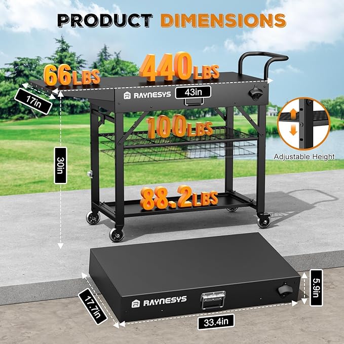 Outdoor Grill Cart, 440lbs Outdoor Grill Table, 31x17 inch Blackstone Griddle Stand, Portable Folding Cart with Wheels, 2-Tier Storage Rack & Side Storage Box (Black)