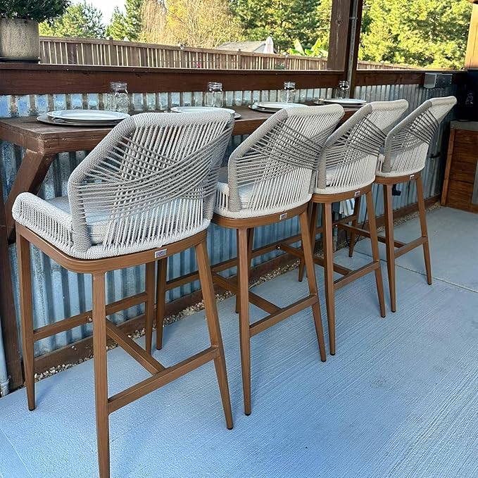 PURPLE LEAF 5 Pieces Round Dining Set Patio Aluminum Modern Round Table and Wicker Chairs with Cushions for Kitchen Porch Garden Outdoor Furniture Set with Counter Stools
