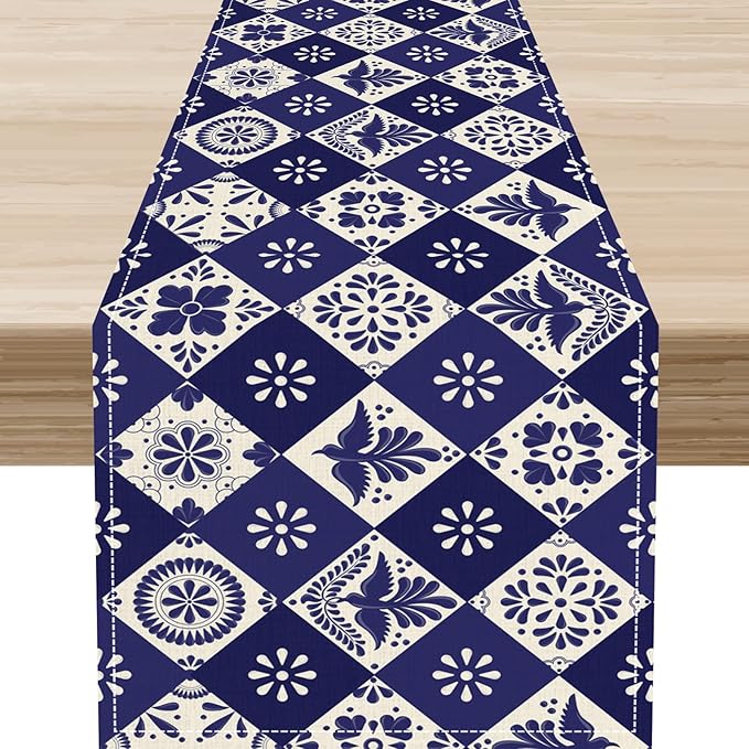 Floral Birds Mexican Table Runner, Blue Mexico Talavera Ceramic Tiles Cinco De Mayo Azulejo Coffee Table Center Decor for Family Kitchen and Dining Patio Indoor Outdoor Table Decorations, 13" X 72"