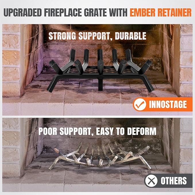 Fireplace Grates with Ember Retainer - 17 Inch Fireplace Log Grate, Firewood Wood Log Holder Rack, Inside Wrought Cast Iron Fire Grate for Hearth Indoor Outdoor Camping
