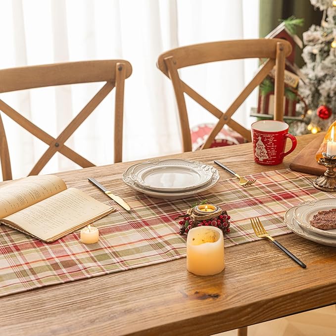 Beige Plaid Christmas Table Runner, Winter Holiday Table Runners 72 inches Long Xmas Decorations Indoor Outdoor Farmhouse Home Kitchen Dining Party Decor