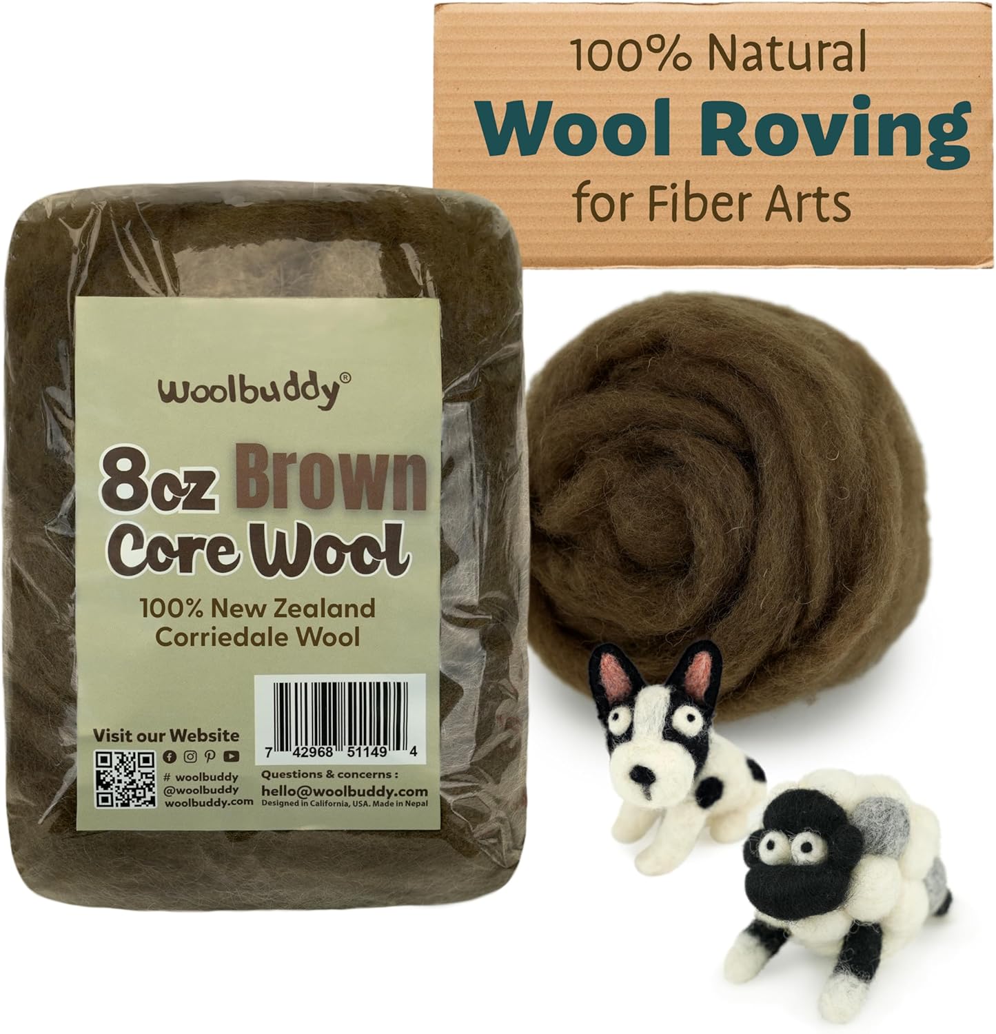 Woolbuddy Needle Felting Wool – 8oz Chunky Wool Roving in Brown, Felting Wool for Needle Felting Kit, Wet & Dry Felting Projects