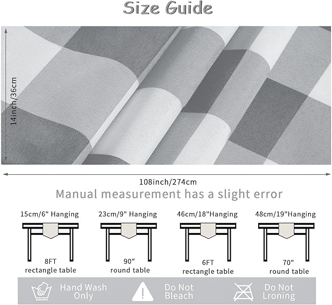 Fabric Checkered Table Runner 12 Pack Waterproof Gingham Table Runner 14W x 108L Buffalo Check Table Runners for Parties Kitchen Dining Wedding Banquet (Gray and White)