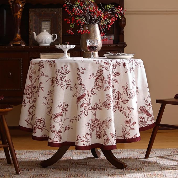 ISAENNE Designer Vintage Linen Round Tablecloth,Red Floral Pattern Linen Stain Resistant Table Cloth,Decor Tablecloths for Dining Thanksgiving Kitchen Christmas,Diameter 67"-Harmony