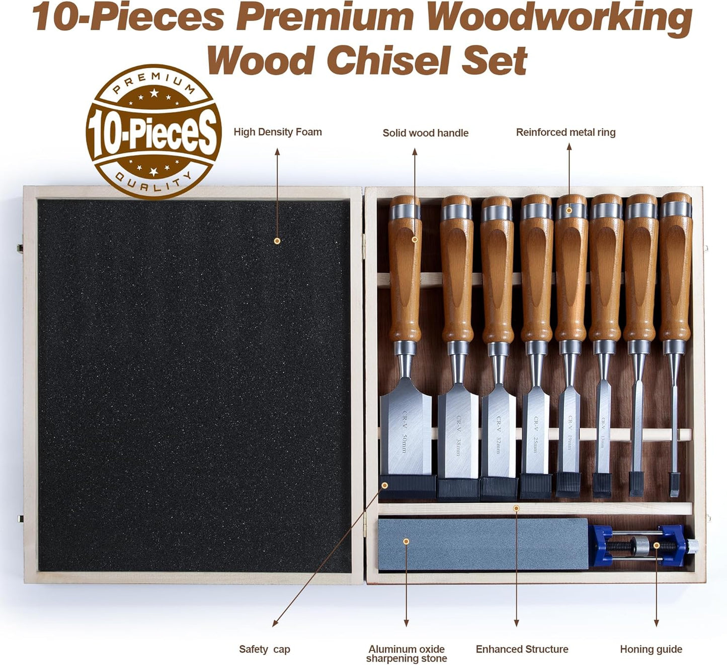 10 Pieces Wood Chisel Set, 1/4"~2" Woodworking Chisel Kit with Sharp CR-V 60 Steel Blades, Wooden Box, Honing Guide, Sharpening Stone for Carpenter Craftsman Woodworker