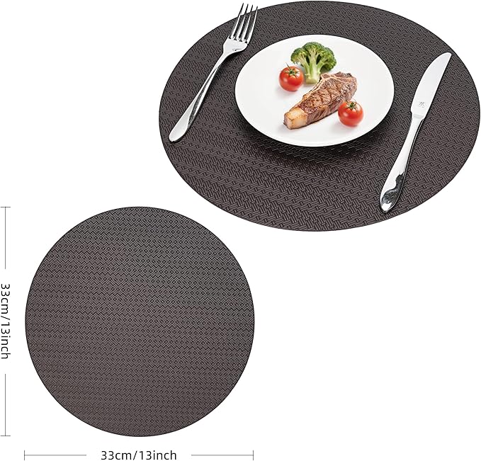 Round Faux Leather Placemats Set of 4 – 13 Inch Vinyl Table Mats, Heat Resistant, Non Slip, Wipeable & Washable, Easy to Clean Dining Table Decor for Kitchen & Dining（Dark Brownish Black）
