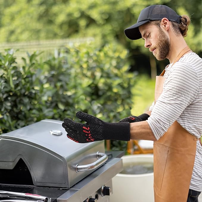 COOLJOB Heat Resistant BBQ Gloves for Hot Temperature Cooking, Barbecue Grilling or Baking Bread Pizza, 800 Degrees Safe Oven Mit with Fingers, Aramid Fiber with Silicone Grip, One Size, Black