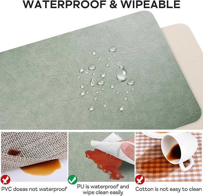 Faux Leather Placemats Set of 6 Table Mats Heat Resistant Reversible Place Mats, Waterproof Wipeable Dining Table Placemats for Home Party Outdoor, 16.9 x 11.8 inches (Sage Green/White)
