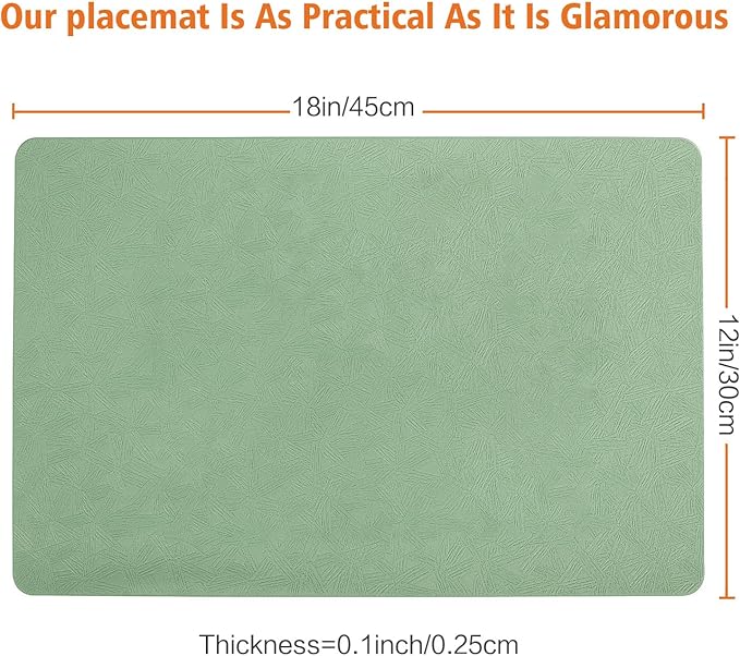 Vinyl Placemats Set of 6 Heat Resistant Easy Clean Non-Slip Place Mats for Dining Table. Faux Leather Waterproof Stain Resistant Wipeable Washable PU Table Mats(6, Green)