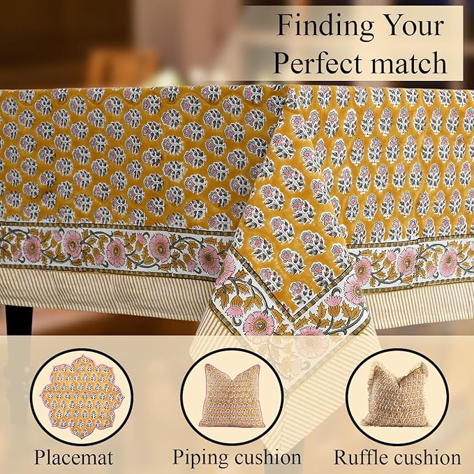 CPC Tablecloth 100% Cotton 72x190 Inch Indian Block Print Rectangle Table Cover, Yellow Table Cloth for Weddings, Spring/Summer, Barbeque - Yellow Citrine