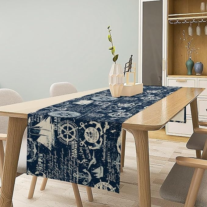 Marine Ship Table Runner, Nautical Pattern Seasonal Farmhouse Sea Rustic Kitchen Dining Table Decoration for Holiday Home Party Festival 13x60in