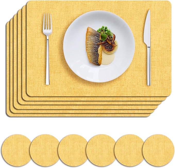 MOSAYT Faux Leather Placemats Set of 6, Heat Resistant Wipeable Washable Vinyl Place Mats with Coasters, Waterproof Oil Proof Table Mats for Kitchen Dining Party Indoor Outdoor, 12" x 17", Yellow