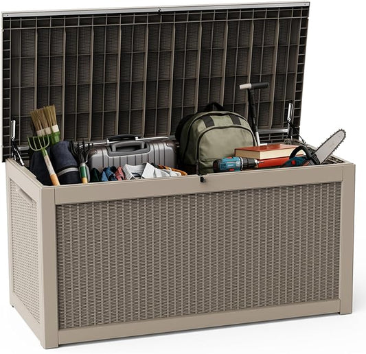 DRATO 320 Gallon Deck Box, Outdoor Large Waterproof Resin Storage Box with Lockable Lid for Patio Cushions, Gardening Tools（Gray，320 Gallon）