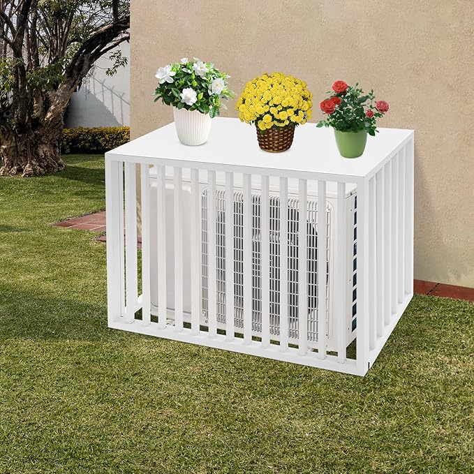 White Air Conditioner Fence with Top Cover, 4 Panels 39.4 "L x 19.7 "W x 27.6" H Privacy Fence Panels for Outside, Freestanding Metal Trash Can Hider Outdoor, No-Dig Air Conditioner Sun Blocker Kit