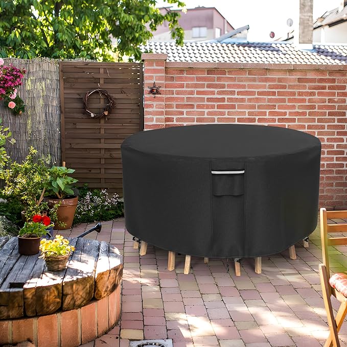 Round Patio Furniture Covers, 500D Heavy Duty Waterproof UV Resistant Cover for Round Outdoor Dining Table & Chairs,110" Dia x 28" H -Black