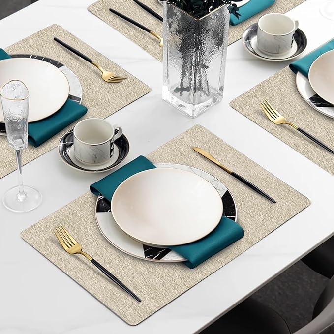 Faux Leather Heat Resistant Placemats Set of 6 – Waterproof Oilproof Wipeable Dining PU Vinyl Place Mat Easy Clean Table Mats for Kitchen/Dining/Party/Holiday, Beige