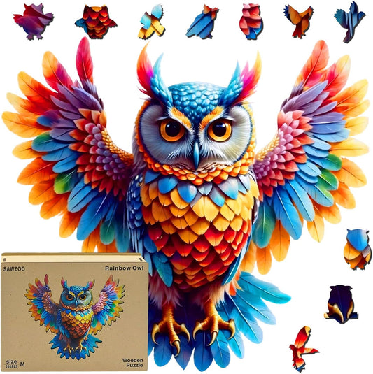 Wooden Jigsaw Puzzles for Adults and Kids, Rainbow Owl 200 Piece Unique Shaped Puzzle, Family Game and Creative Wooden Puzzle Gift, Wall Art Decor