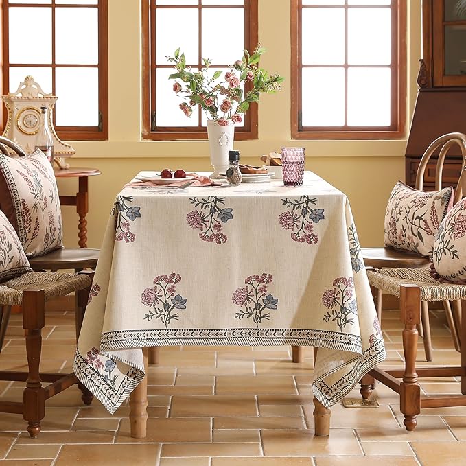 ISAENNE Designer Linen Light Beige Long Table Cloth Rectangle,French Colorful Floral Tablecloth,Stain Resistant Decor Tablecloths for Dining Thanksgiving Christmas Kitchen,63"*102"-Helena E