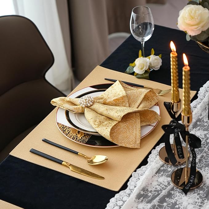 Gold Placemats Set of 4 - Waterproof Washable Wipeable Faux Leather Place Mats - Heat Resistant PU Table Mats for Dining Table Decoration Indoor Outdoor - 18x13 Inch