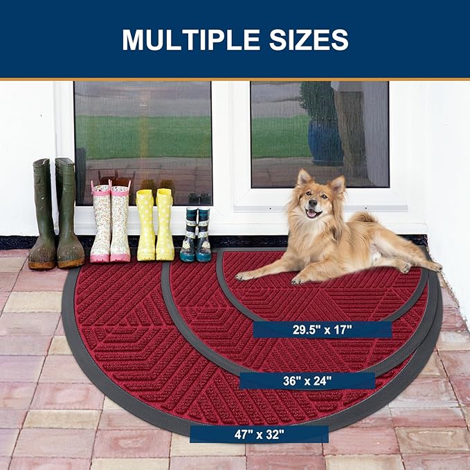 Smiry Half Circle Front Door Mat Outside Entrance, Heavy Duty Sturdy Natural Rubber Doormat, Trap Dirt and Moisture, Low Profile Mats for Indoor Outdoor Entry, Irregular Triangle (36x24, Wine Red)