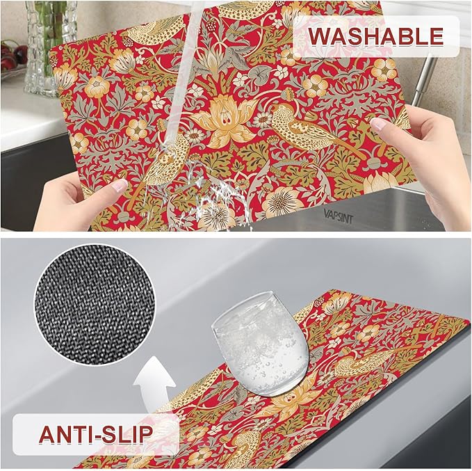 Strawberry Thief Red Placemats - Placemats Set of 4 Faux Leather Heat Resistant for Dinner Table, Non-Slip Waterproof Oil-Proof Washable Reusable Placemat for Indoor Outdoor Kitchen