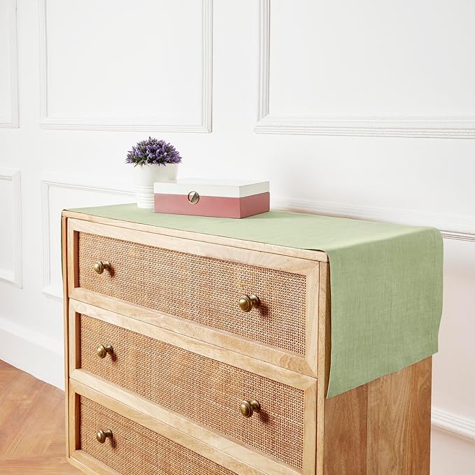 Solino Home Linen Small Table Runner 36 Inches - Athena, 100% Pure Linen Chambray Olive Table Runner 14 x 36 Inch Ideal for Dresser and Coffee Tables - Spring, St Patricks Day