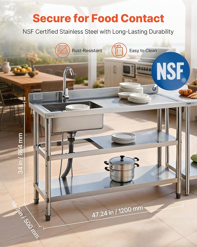 VEVOR Stainless Steel Utility Sink, Free Standing Single Bowl Commercial Kitchen Sink with Faucet and Hot & Cold Water Pipe, Dual Storage Shelves for Garage, Restaurant, Laundry, 47.2 x 19.7 x 37 in