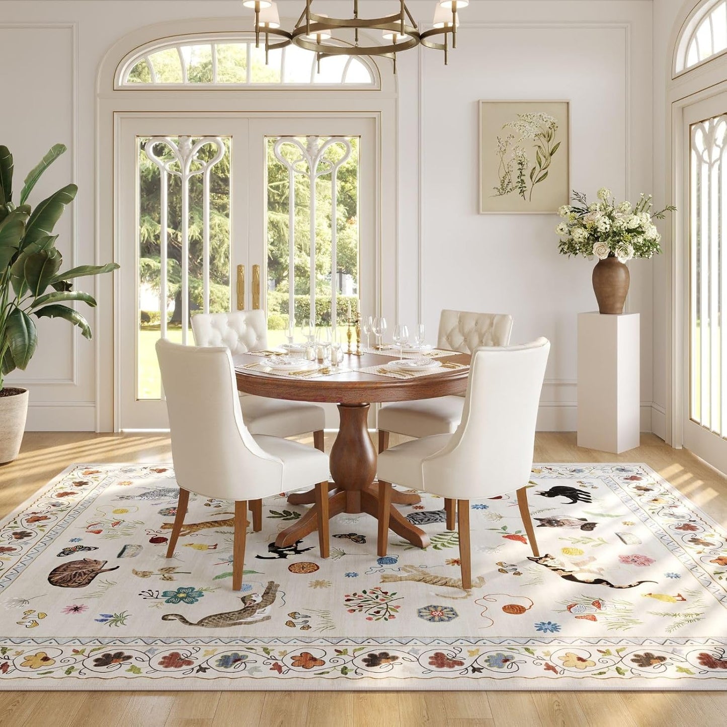 Rugcomf Area Rugs 8x10 Rug for Living Room Clearance Washable Boho Area Rug Non Slip Floral Animal Cat Vintage Low Pile Large Rug for Living Room Bedroom Farmhouse Dining Room Kids Playroom, Beige