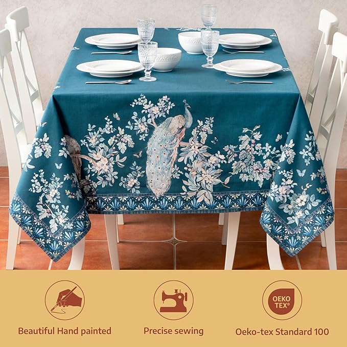 Maison d' Hermine Premium Table Cloth Rectangle Table 100% Combed Cotton 120 x 70 Inches Tablecloth Reusable Decorative for Dining Room, Farmhouse, Party, Festive & Wedding - Peacock Utopia - Deep Sea