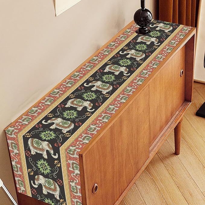 Boho Elephant Table Runner, Rustic African Tribe Indian Diwali Floral Ethnic Rustic Green Coffee Table Center Decor for Home Kitchen Dining Holiday Party Country Outdoor Table Decorations, 13"x90"