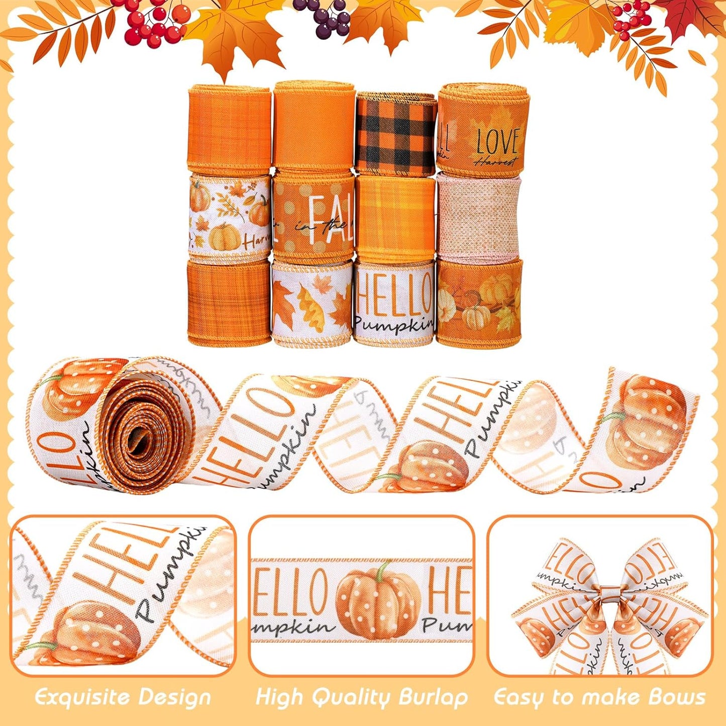 12 Rolls Fall Wired Edge Ribbon for Wreaths 2 Inch x 60 Yards Maple Leaves Pumpkin Burlap Ribbon Thanksgiving Plaid Crafts for Autumn Harvest Party Decoration Supplies, 12 Styles