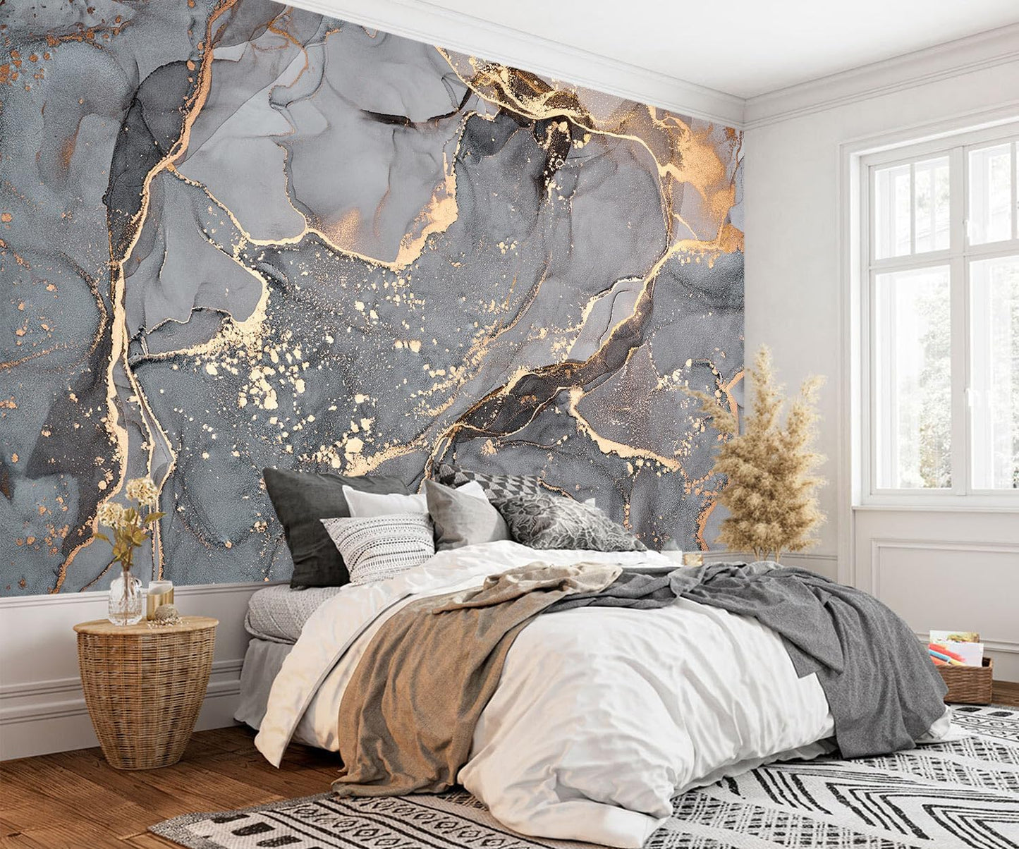 AFZEVEB-Gray and Gold Marble Wallpaper Wall murals for Bedroom 159"x107"(Not Peel and Stick)