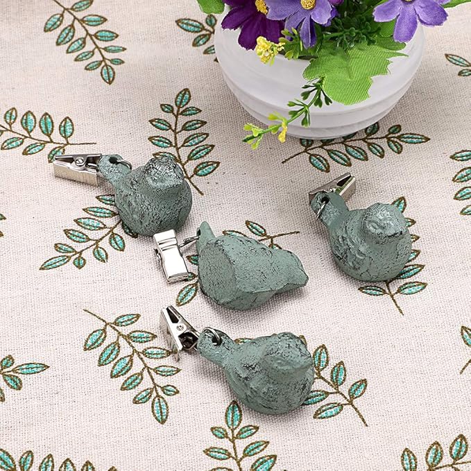 OwnMy Set of 4 Tablecloth Weights Clip on, Pendant Tablecloth Weights Kit with Cast Iron Antique Birds, Outdoor Garden Party Picnic Table Cloths Clips (Green)