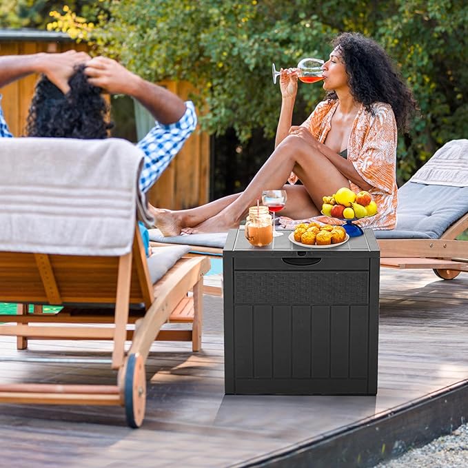 ZYJOYY 33 Gallon Resin Deck Box, Weatherproof Outdoor Storage Box for Patio, Garden, Pool, and Yard, Lockable Waterproof Bin for Tools, Cushions, and Accessories, Black