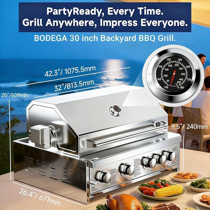 BODEGA 30 Inch 5-Burner Propane Gas Grill with Rotisserie Chicken Fork Kit, 58000-BTU Outdoor Gas Grill for Kitchen, LPG/NG Convertible, Backyard BBQ Grill with Temperature & Rear Infrared Burner.