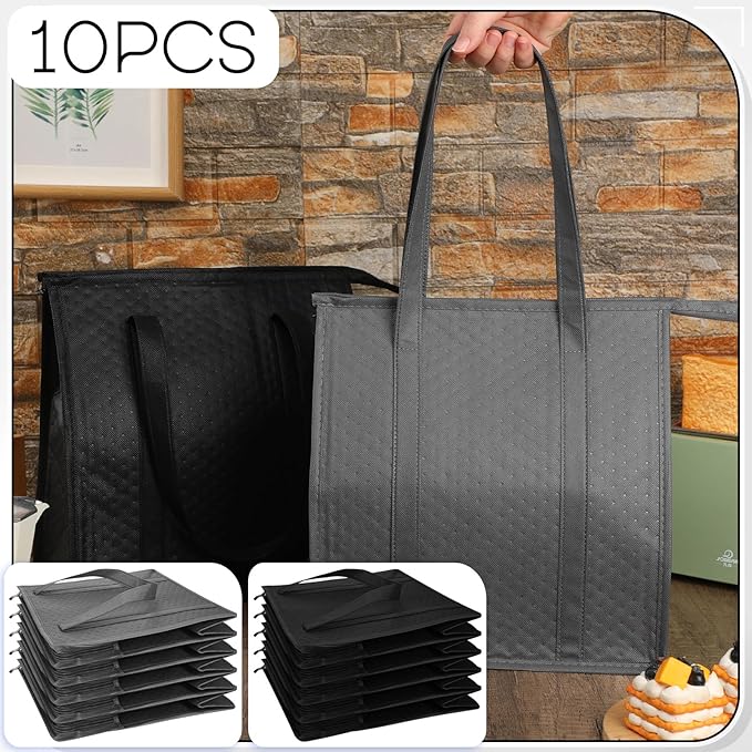 10 Pack Large Insulated Grocery Bags Reusable Shopping Bags with Zippered Top 13 x 12 x 7 Inch Thermal Cooler Totes Bulk with Handles for Hot Cold Food Delivery Refrigerator(Grey,Black)