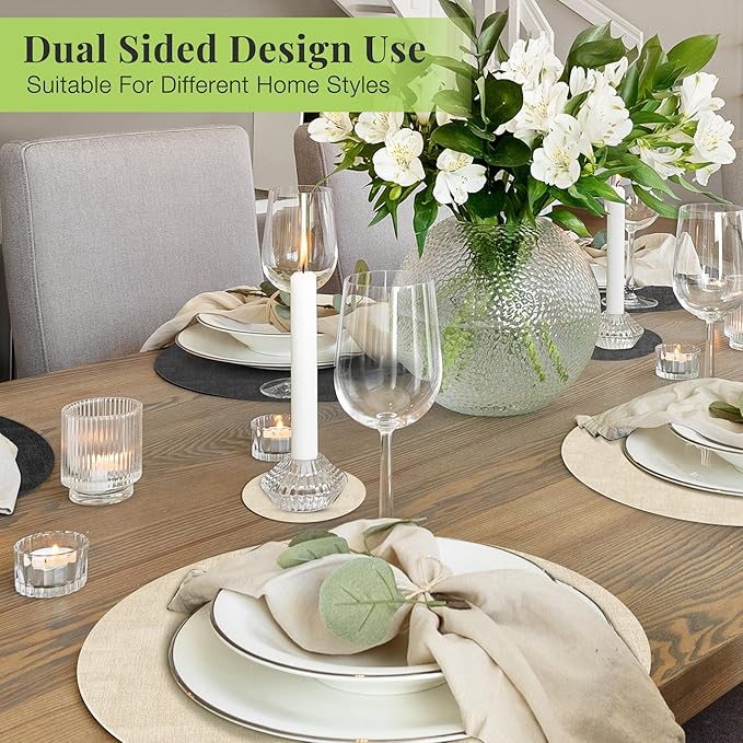 13-Inch Faux Leather Round Placemats Set of 8, Waterproof Anti-Slip Dual Sided Place mats, Heat Resistant Washable Table Mats with Coaster, Suitable for Indoor & Outdoor (8, Black Beige)