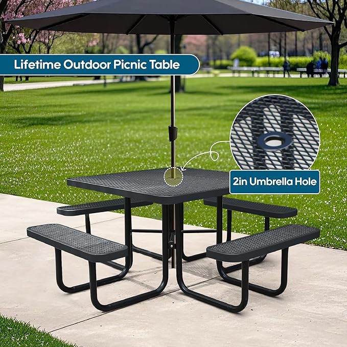 46'' Square Metal Picnic Table for Outdoors, Commercial Steel Metal Picnic Tables, Heavy Duty Sturdy Picnic Tables Furniture Set for Patio Garden Courtyard BBQ, with Umbrella Hole, Black