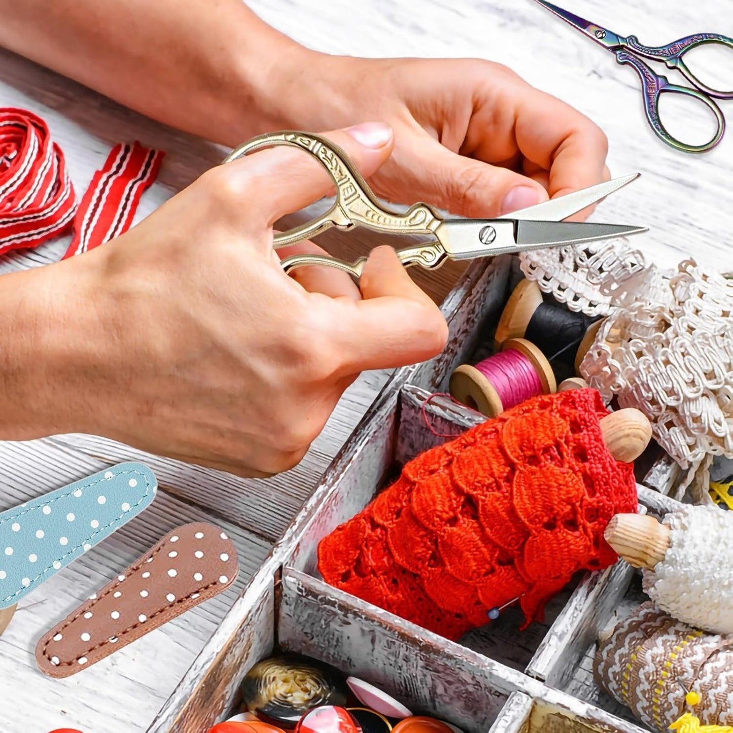 BIHRTC 2 Pairs 3.6 Inch Sewing Scissors with Leather Cover - Stainless Steel Sharp Tip Needlepoint Scissors for Sewing, Crafting, Art Work & Threading