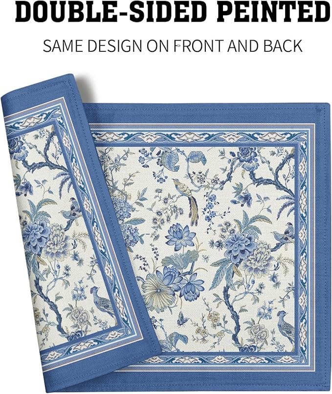 Giwawa 4PCs Chinoiserie Placemats Blue White Floral Birds Decorative Linen Table Mat 12"x18" Oriental Style Classic Flowers Heat Resistant Washable Place Mats for Kitchen Dining Party
